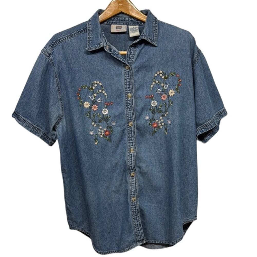 Vintage Plus Size Faded Glory‎ Floral Embroidered Denim Shirt Size 18/20W